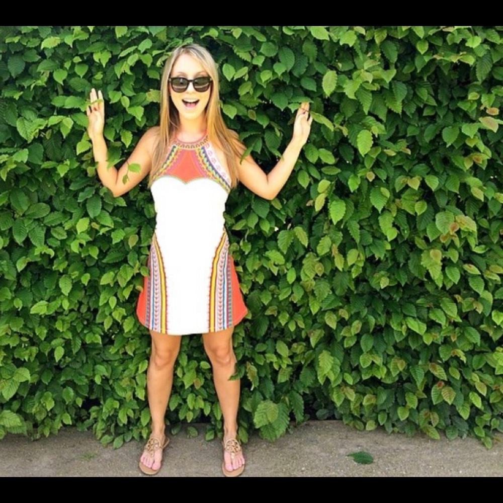 Castro orange and white halter dress